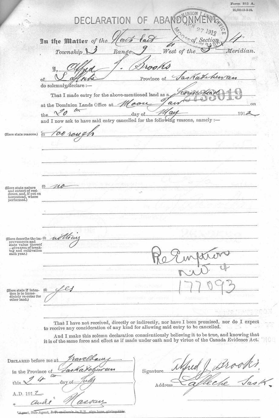 Document for ABANDONMENT of Homestead application in Lafleche Saskatchewan - Alfred  Brooks